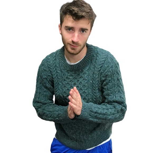 LL Bean Blue Green 100% Wool Fisherman Sweater Jumper Top Thick Knit Mens size S - Picture 6 of 6